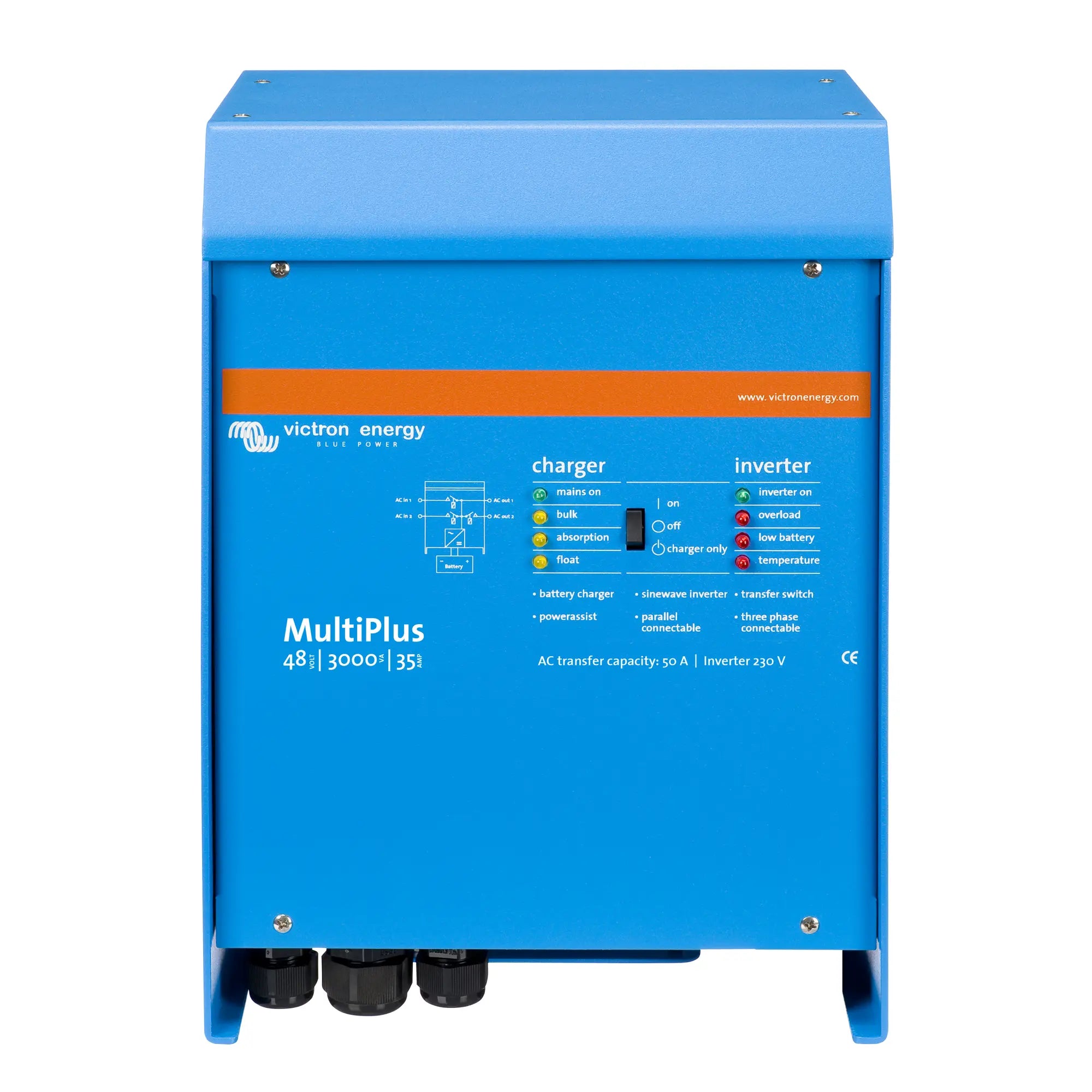 Victron Energy MultiPlus 48V/3000W/35A battery charger and inverter unit in blue with technical specifications and status