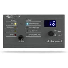 Victron Skylla-i Control display panel showing status indicators, select options, digital readout displaying 16, and on/off