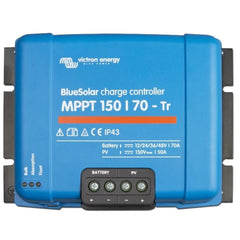 Victron BlueSolar MPPT 150/70-Tr charge controller, blue rectangular device with terminal block connections and status