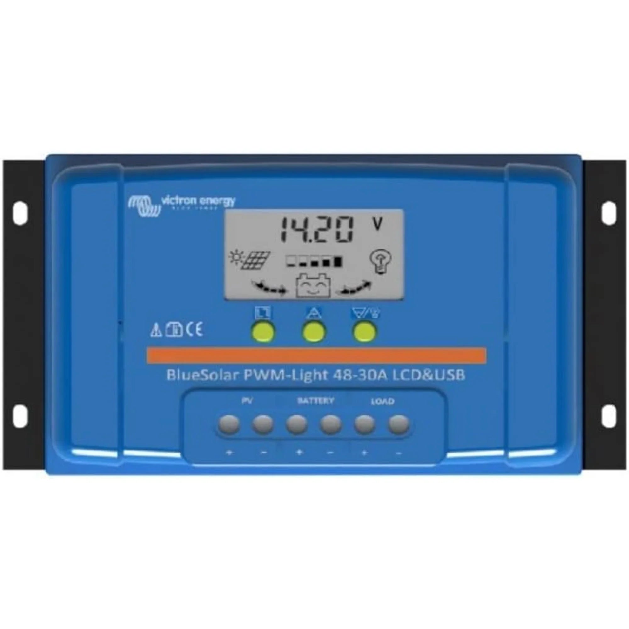 Victron BlueSolar PWM-Light 48-30A LCD&USB solar charge controller displaying 14.27V on screen with three control buttons