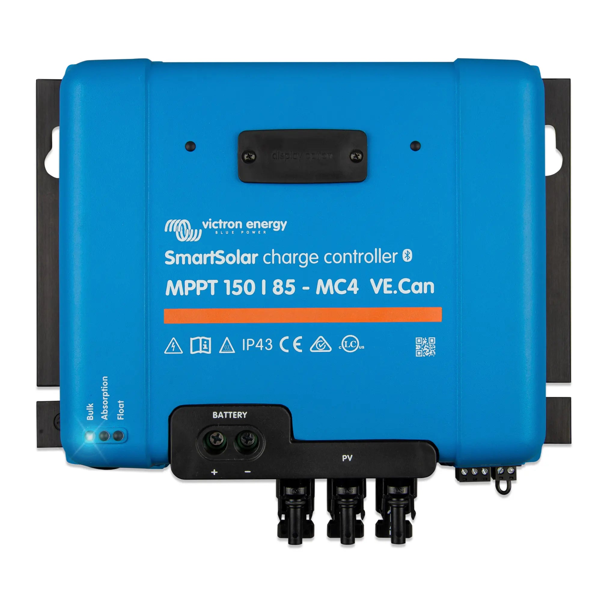 Victron SmartSolar MPPT 150/85-MC4 charge controller, blue casing with black connectors and status indicators.