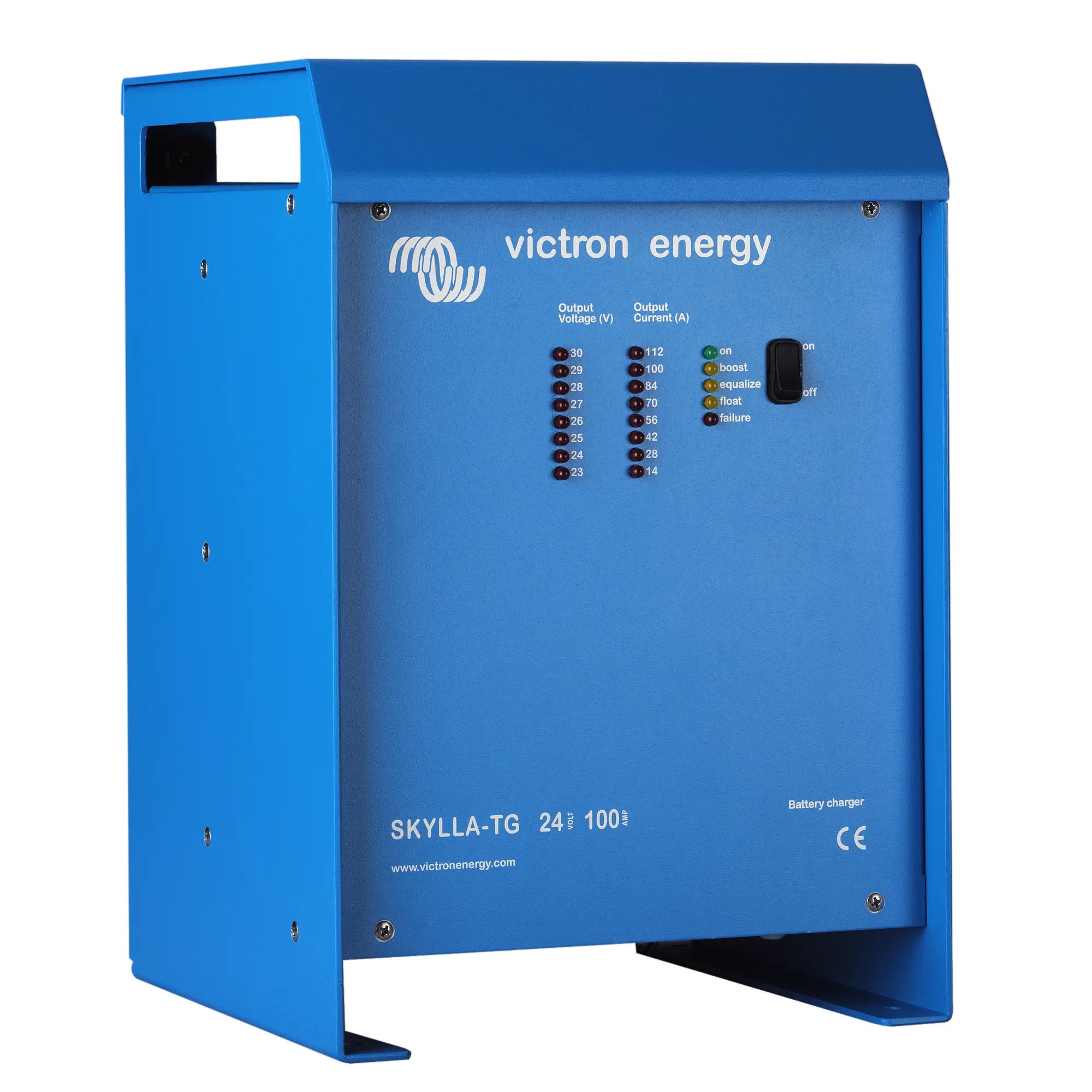 Victron Energy Skylla-TG 24/100 battery charger, blue metal enclosure with control panel displaying output voltage and