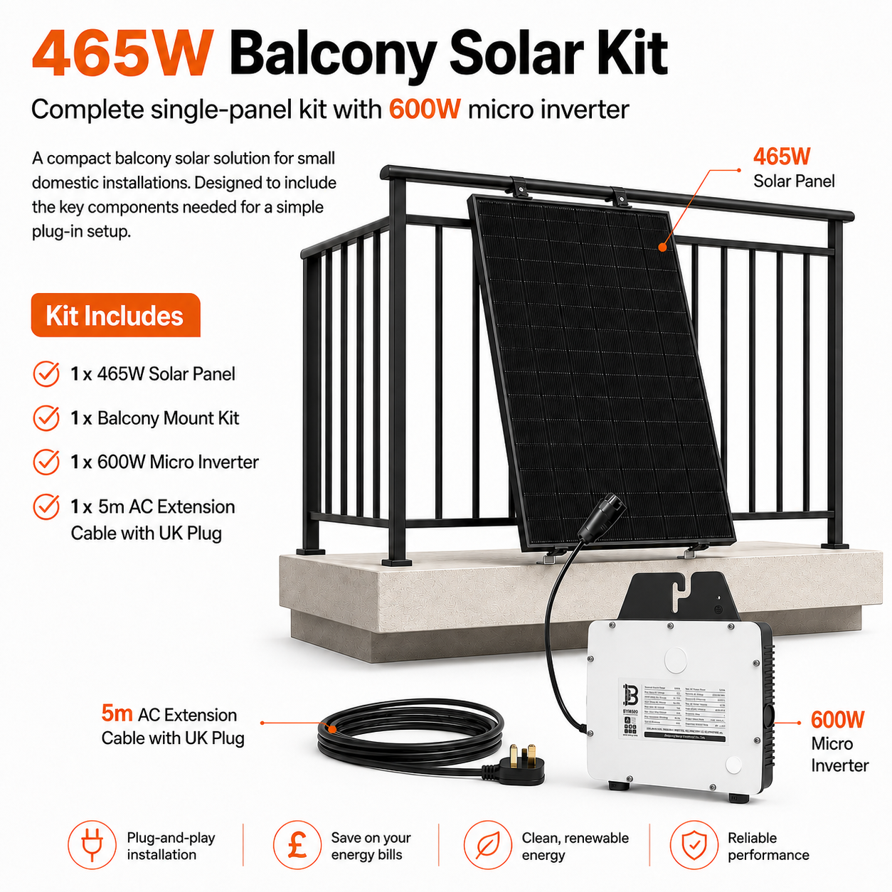 Solar Panel 465W Balcony Patio Solar Kit 600W Microinverter Schuko Plug