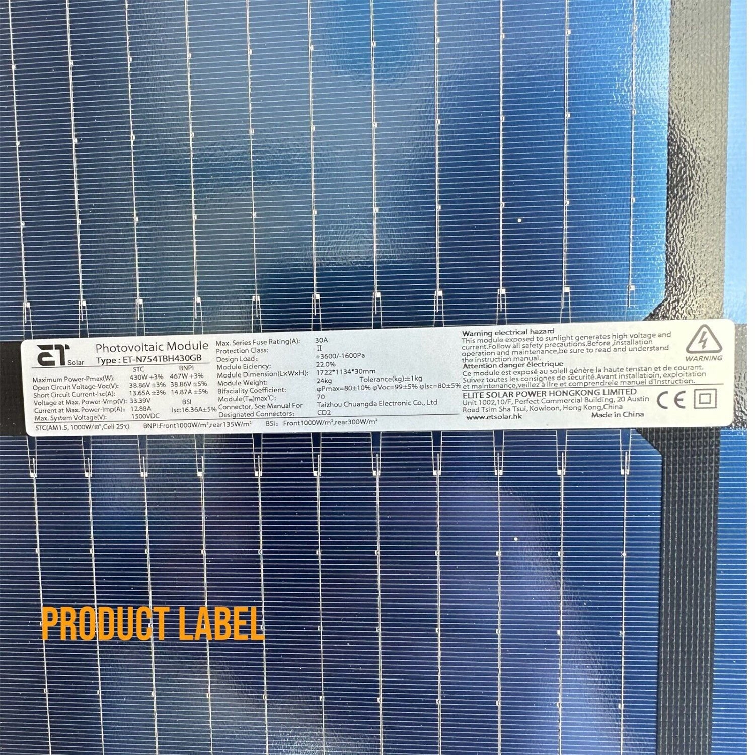 ET Solar (Elite) 430Watt Solar Panel Bifacial Half-cut 22% Efficiency Full Black