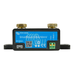 Victron Energy SmartShunt 500A/50mV battery monitor with brass terminals, blue label, QR code, and green terminal block.