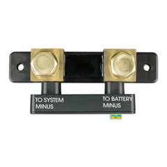 Victron SmartShunt 500A shunt with brass terminals labelled "TO SYSTEM MINUS" and "TO BATTERY MINUS" on black housing.