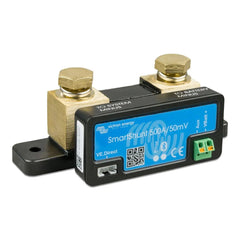 Victron SmartShunt 500A/50mV battery monitor with brass terminals, black housing, blue label, green terminal block, and