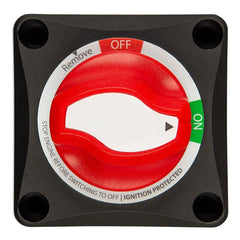 Victron Battery Switch 275A with red rotary dial showing OFF position and green ON indicator, mounted on black panel.