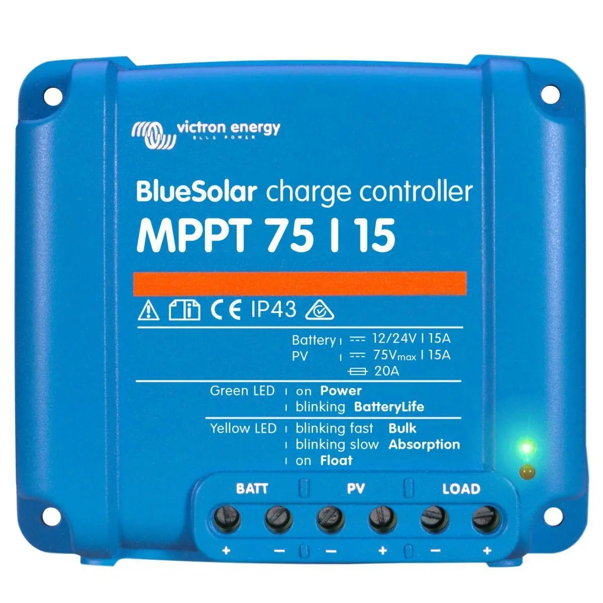 Victron BlueSolar MPPT 75/15 charge controller with blue casing, terminal connections, and green LED indicator light visible.