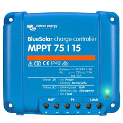 Victron BlueSolar MPPT 75/15 charge controller with blue casing, terminal connections, and green LED indicator light visible.