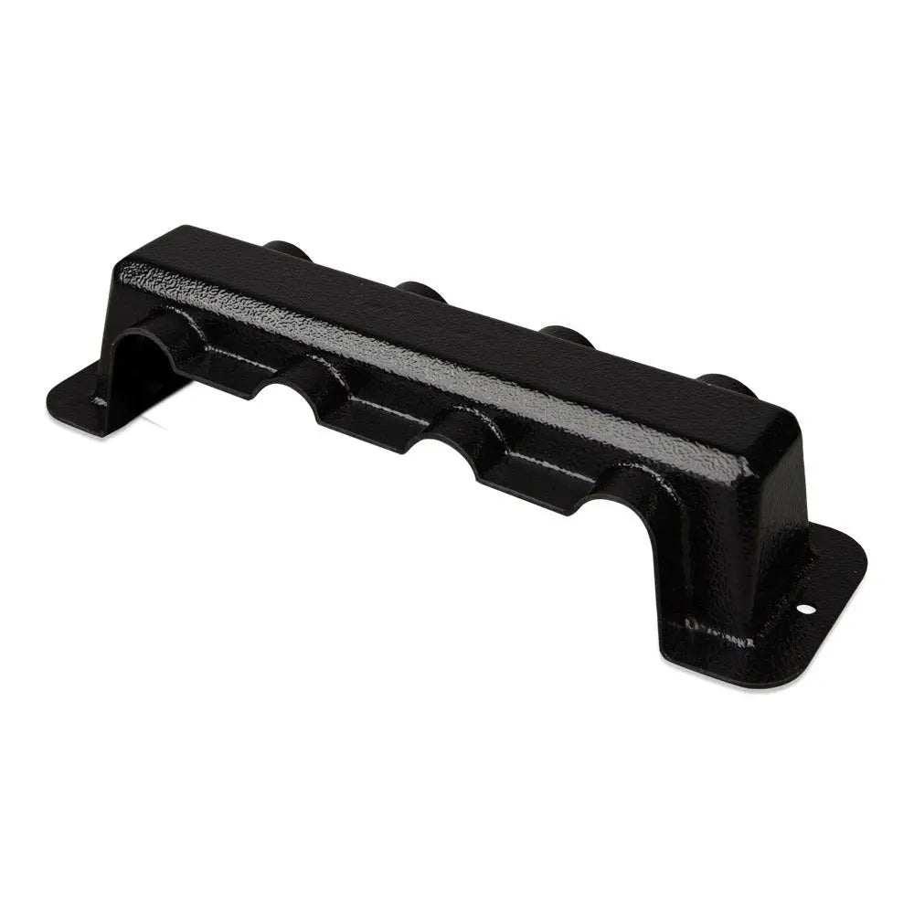 Victron Busbar 250A 4P black metal component with wavy top profile and mounting feet, shown against white background.