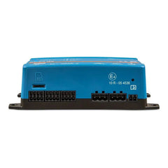 Victron Cerbo GX MK2 blue control unit, rear view showing SD card slot, connectors, and E4 certification marking.