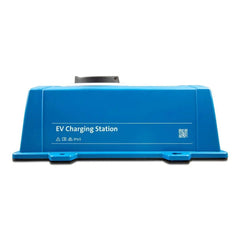 Blue Victron EV Charging Station with metal handle, IP65 rating and QR code on front panel against white background.
