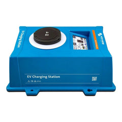 Victron EVC300400300 EV Charging Station, blue rectangular device with black circular connector on top and instruction