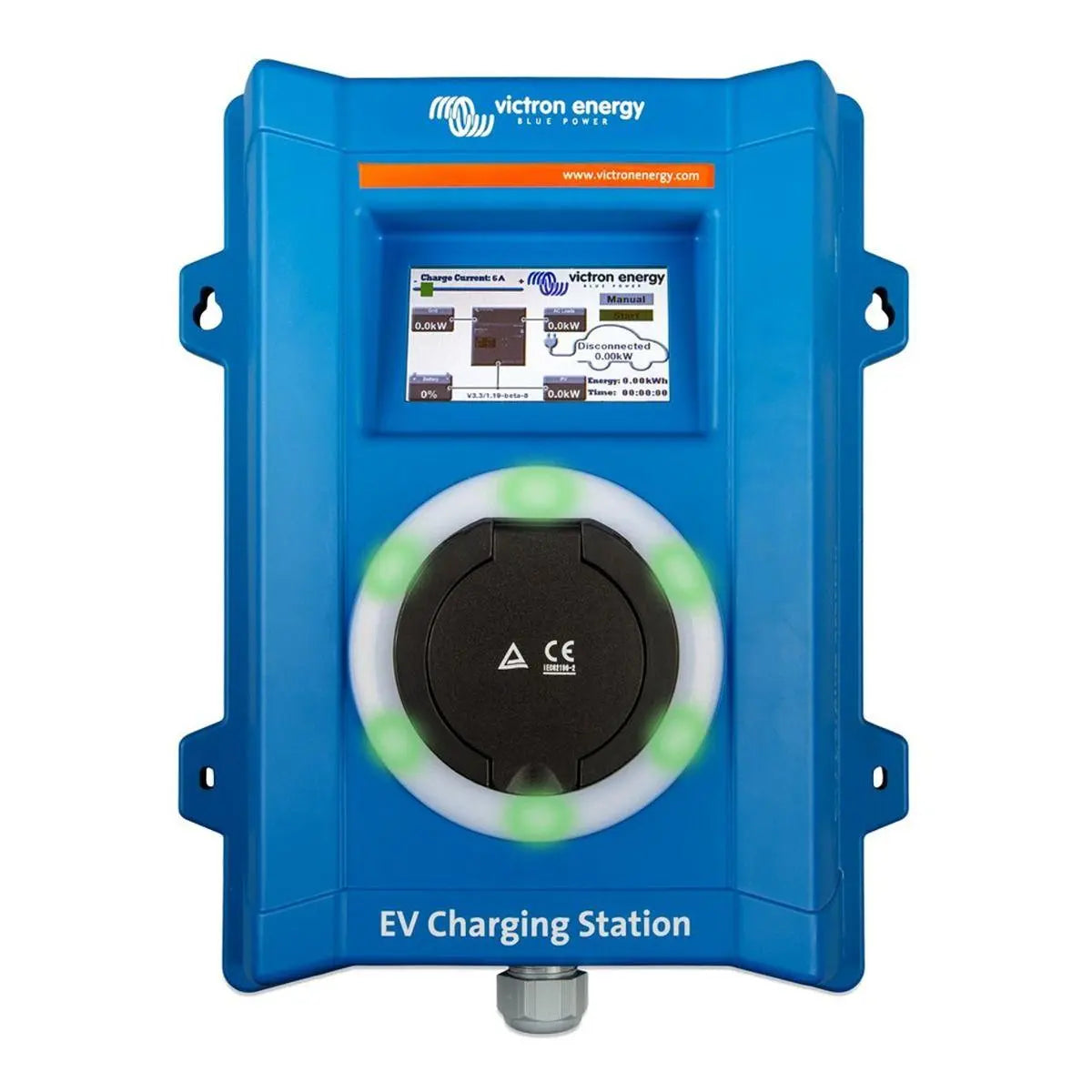 Victron Energy blue EV charging station with display screen, circular connector port, and illuminated green status ring