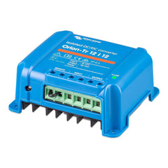 Victron Orion-Tr 12/12-18A isolated DC-DC converter, blue device with green terminal block and black heatsink fins.