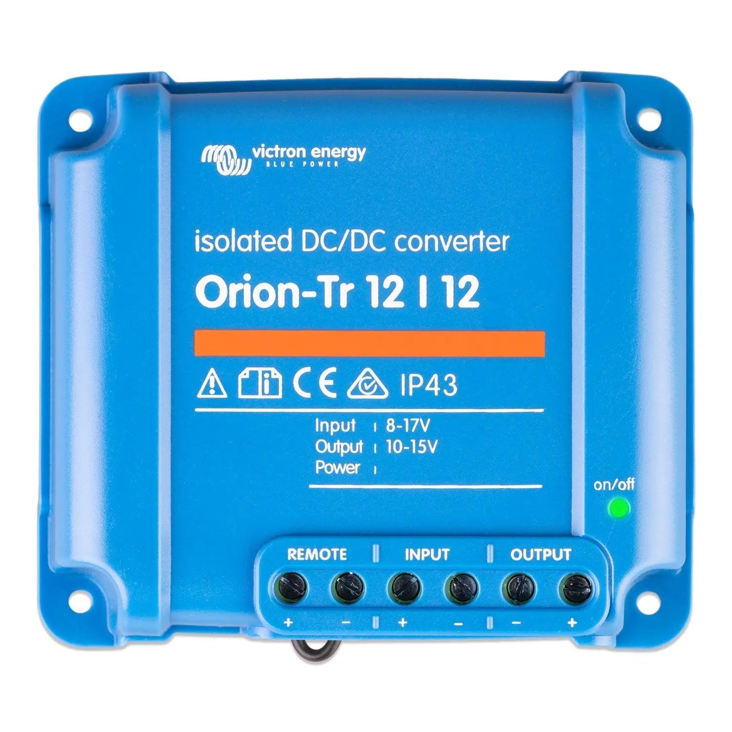 Victron Energy Orion-Tr 12/12 isolated DC-DC converter, blue rectangular device with terminal connectors and on/off
