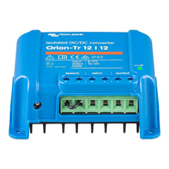 Blue Victron Orion-Tr 12/12 isolated DC-DC converter showing terminal connections, on/off indicator light, and specification