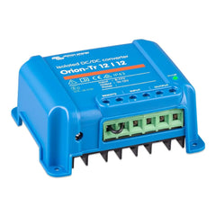 Victron Orion-Tr 12/12-30A isolated DC/DC converter, blue casing with green terminal block and control connections visible.