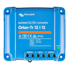 Blue Victron Energy Orion-Tr 12/12 isolated DC-DC converter with terminal connections and on/off indicator light.