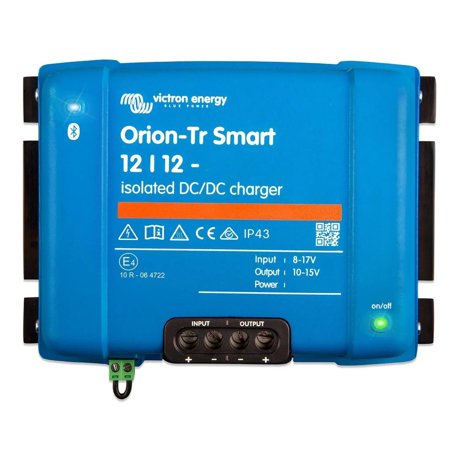 Victron Energy Orion-Tr Smart 12/12 isolated DC/DC charger, blue rectangular device with black terminals and control panel.