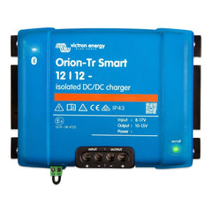 Victron Energy Orion-Tr Smart 12/12 isolated DC/DC charger, blue rectangular device with black terminals and control panel.