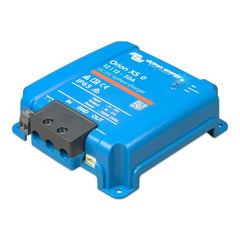 Victron Orion XS 12/12-50A blue DC-DC battery charger unit, shown from above at an angle with black terminal connector block