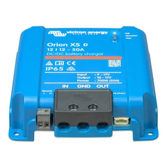 Victron Orion XS 12/12-50A DC-DC battery charger, blue casing, shown from top view with terminals and connectors visible.