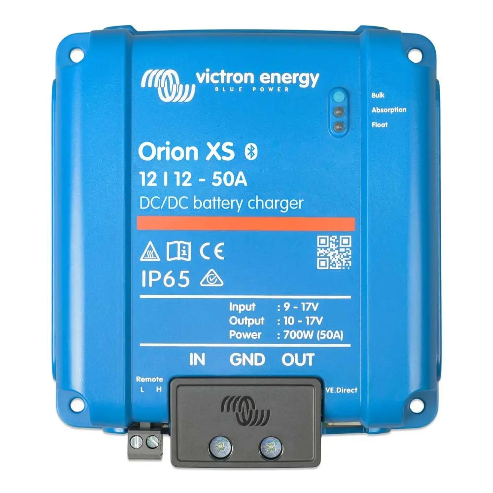 Victron Orion XS 12/12-50A blue DC-DC battery charger with remote control panel and mounting holes shown.