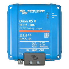 Victron Orion XS 12/12-50A blue DC-DC battery charger with remote control panel and mounting holes shown.