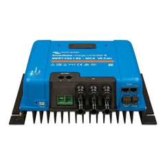 Victron SmartSolar MPPT 250/85-MC4 VE.Can charge controller, blue casing with black connectors and heat sink fins.