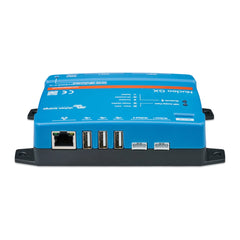 Victron Nucleo GX blue control unit with ethernet port, three USB ports, and two terminal connectors on black base.